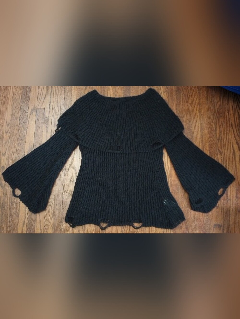 Romwe Black Off-Shoulder Ribbed Bell-Sleeve Sweater, Size L